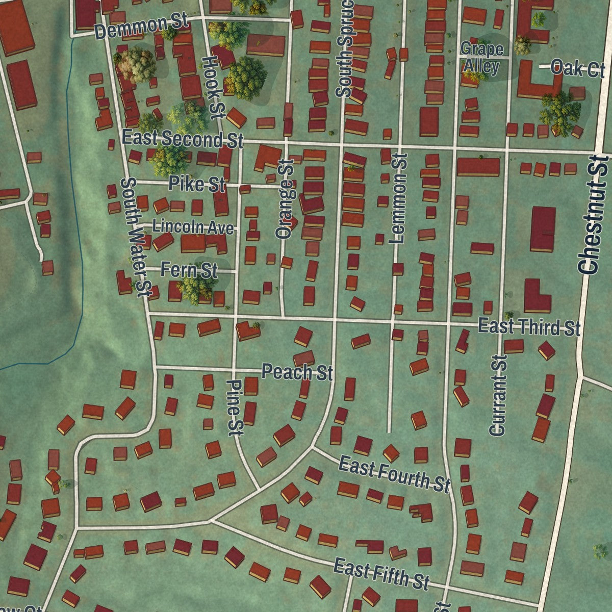 Close-up of the map of Birdsboro, Pennsylvania print showing street and building detail