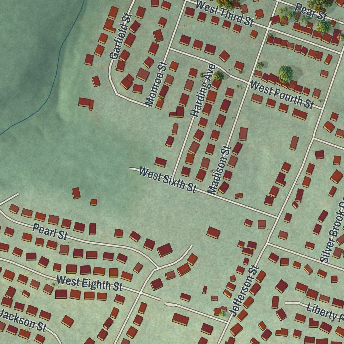 Second close-up of the map of Birdsboro, Pennsylvania print showing more streets and buildings