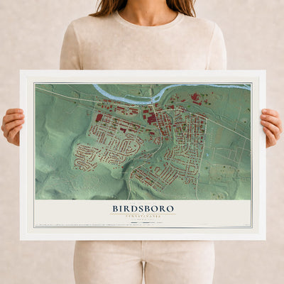Map of Birdsboro, Pennsylvania, 12 x 18 inch print in a white wood frame