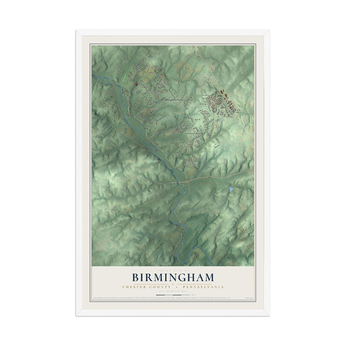 Map of Birmingham, Chester County, Pennsylvania, 12 x 18 inch print in a white wood frame