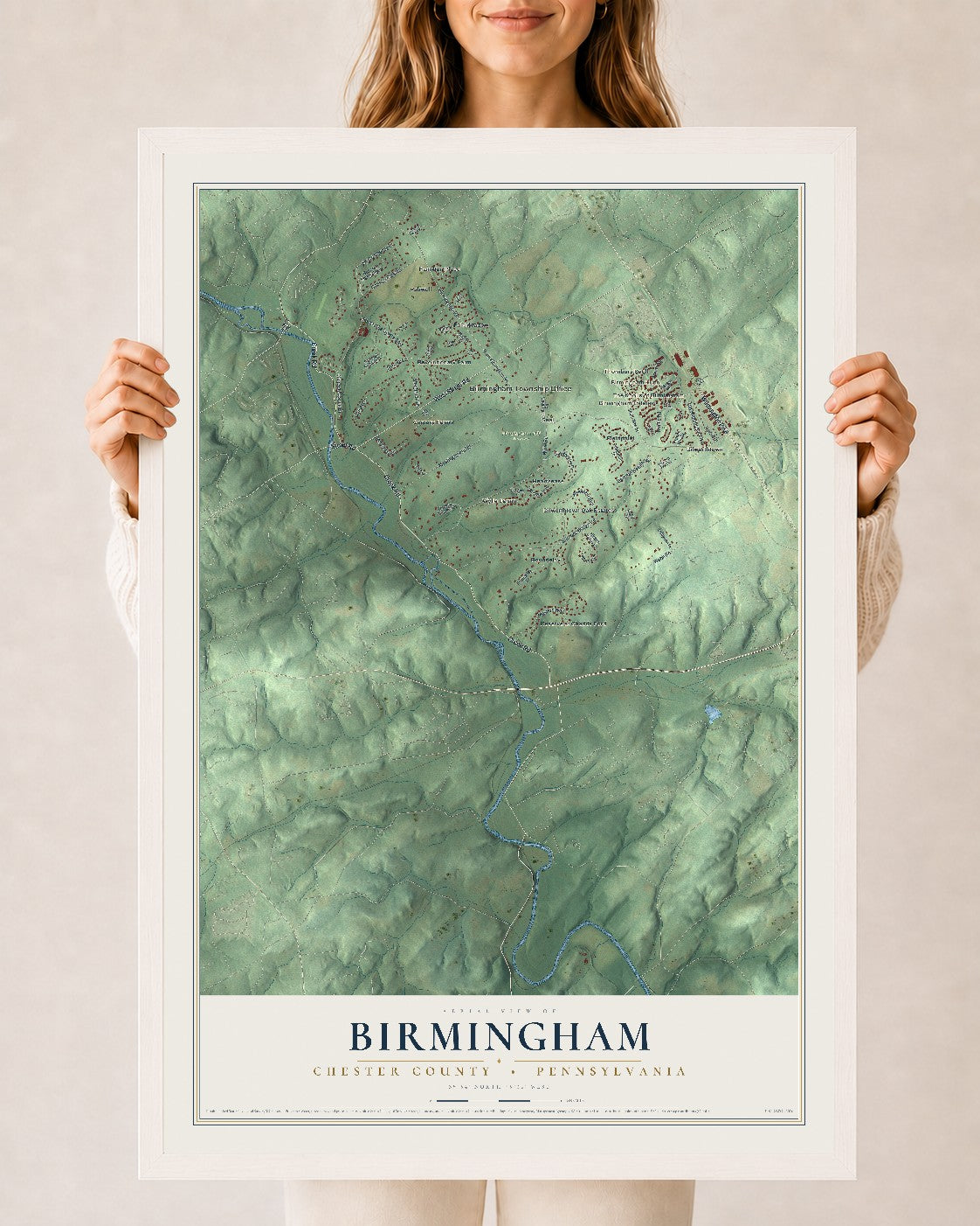 Map of Birmingham, Chester County, Pennsylvania, 24 x 36 inch print in a white wood frame