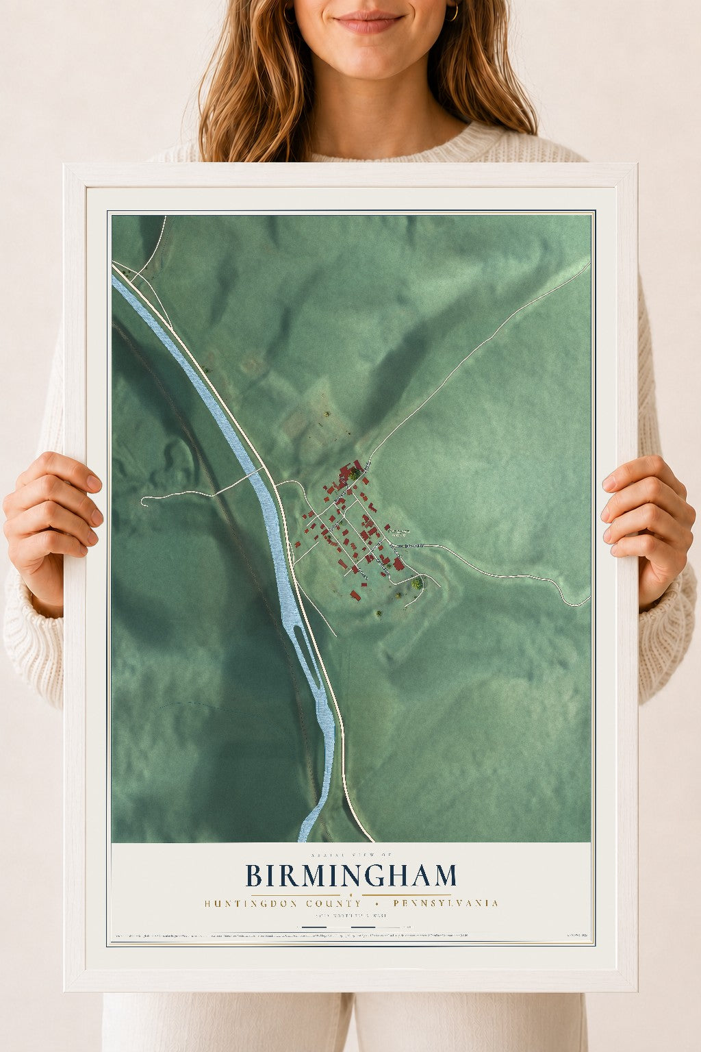 Map of Birmingham, Huntingdon County, Pennsylvania, 18 x 24 inch print in a white wood frame