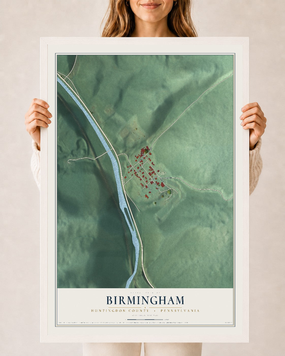 Map of Birmingham, Huntingdon County, Pennsylvania, 24 x 36 inch print in a white wood frame