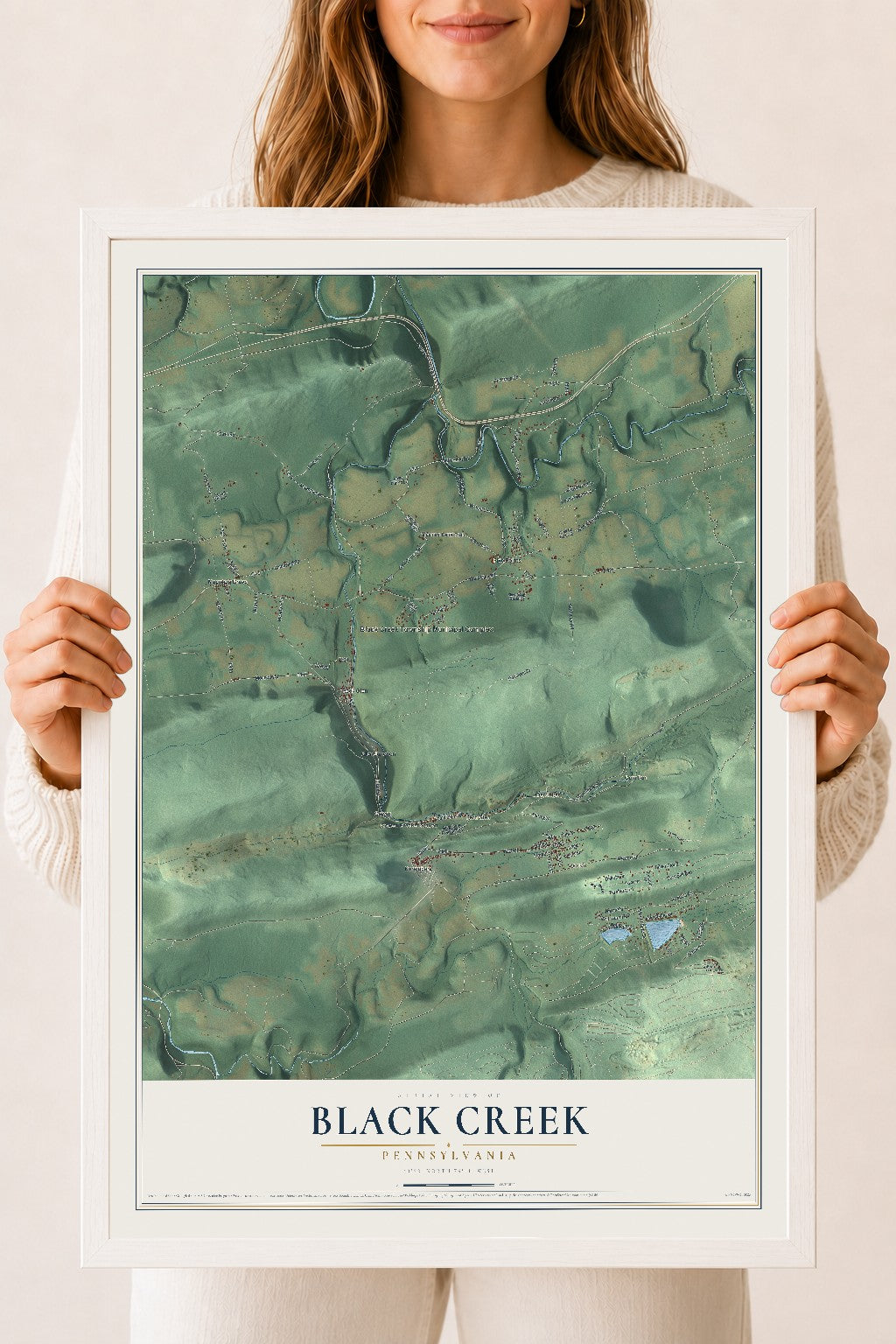 Map of Black Creek, Pennsylvania, 18 x 24 inch print in a white wood frame