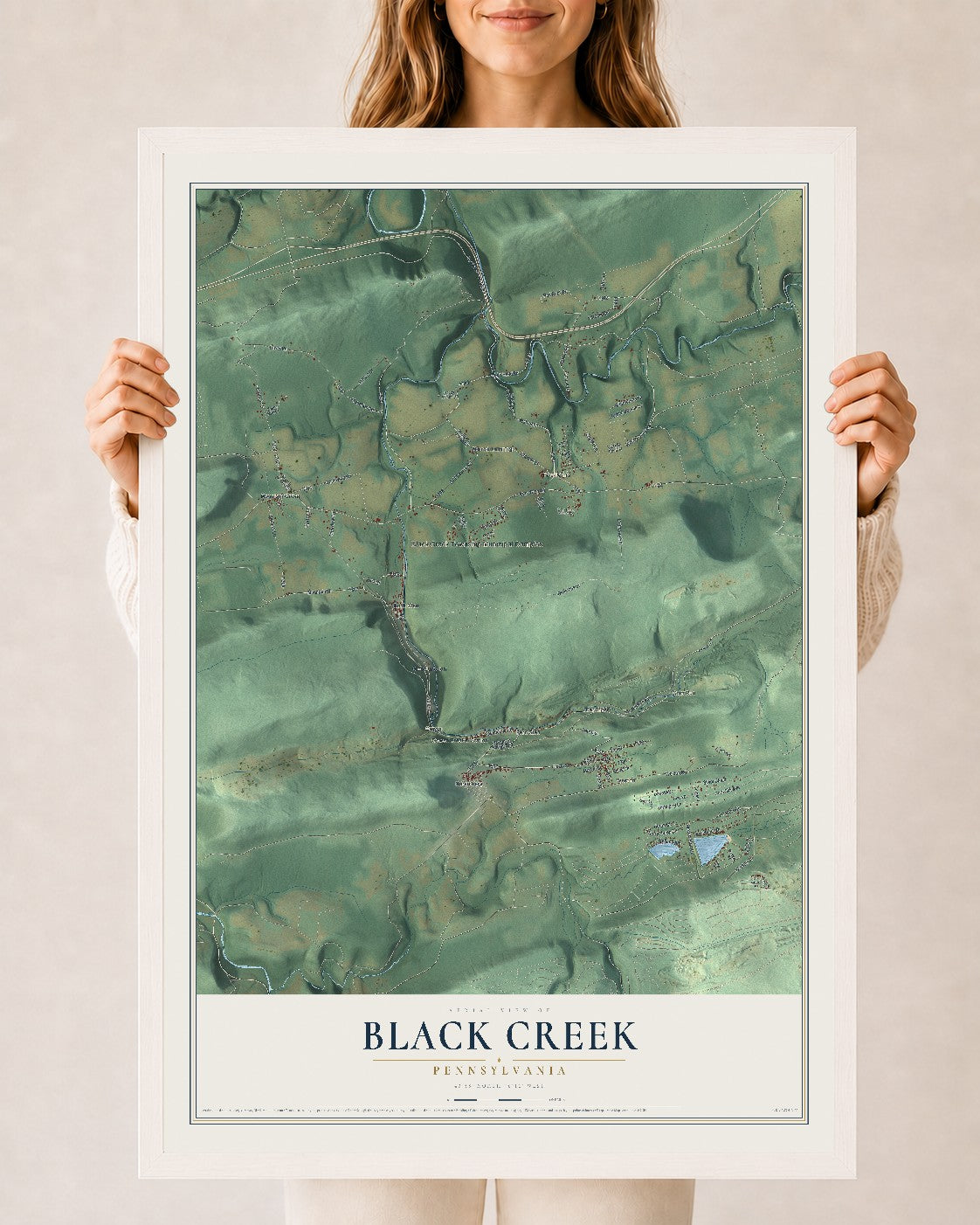 Map of Black Creek, Pennsylvania, 24 x 36 inch print in a white wood frame