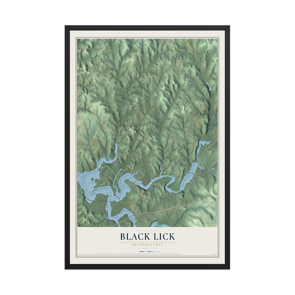 Map of Black Lick, Pennsylvania, 12 x 18 inch print in a black wood frame