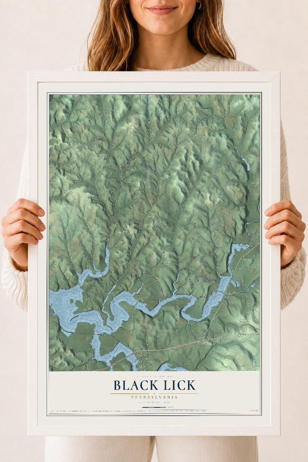 Map of Black Lick, Pennsylvania, 18 x 24 inch print in a white wood frame