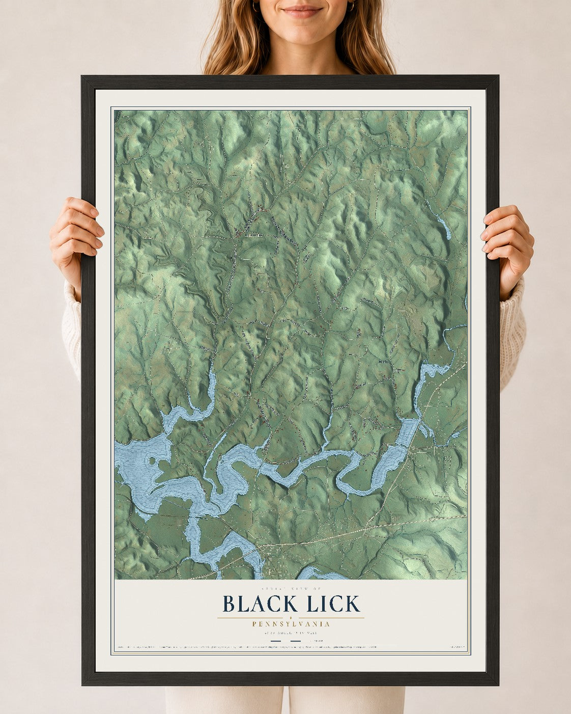 Map of Black Lick, Pennsylvania, 24 x 36 inch print in a black wood frame