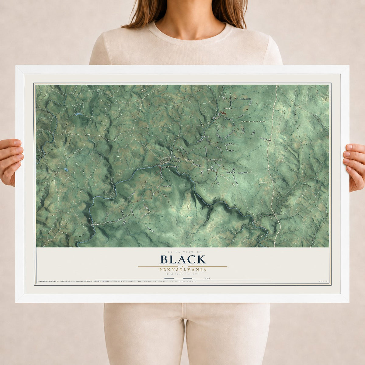 Map of Black, Pennsylvania, 18 x 24 inch print in a white wood frame