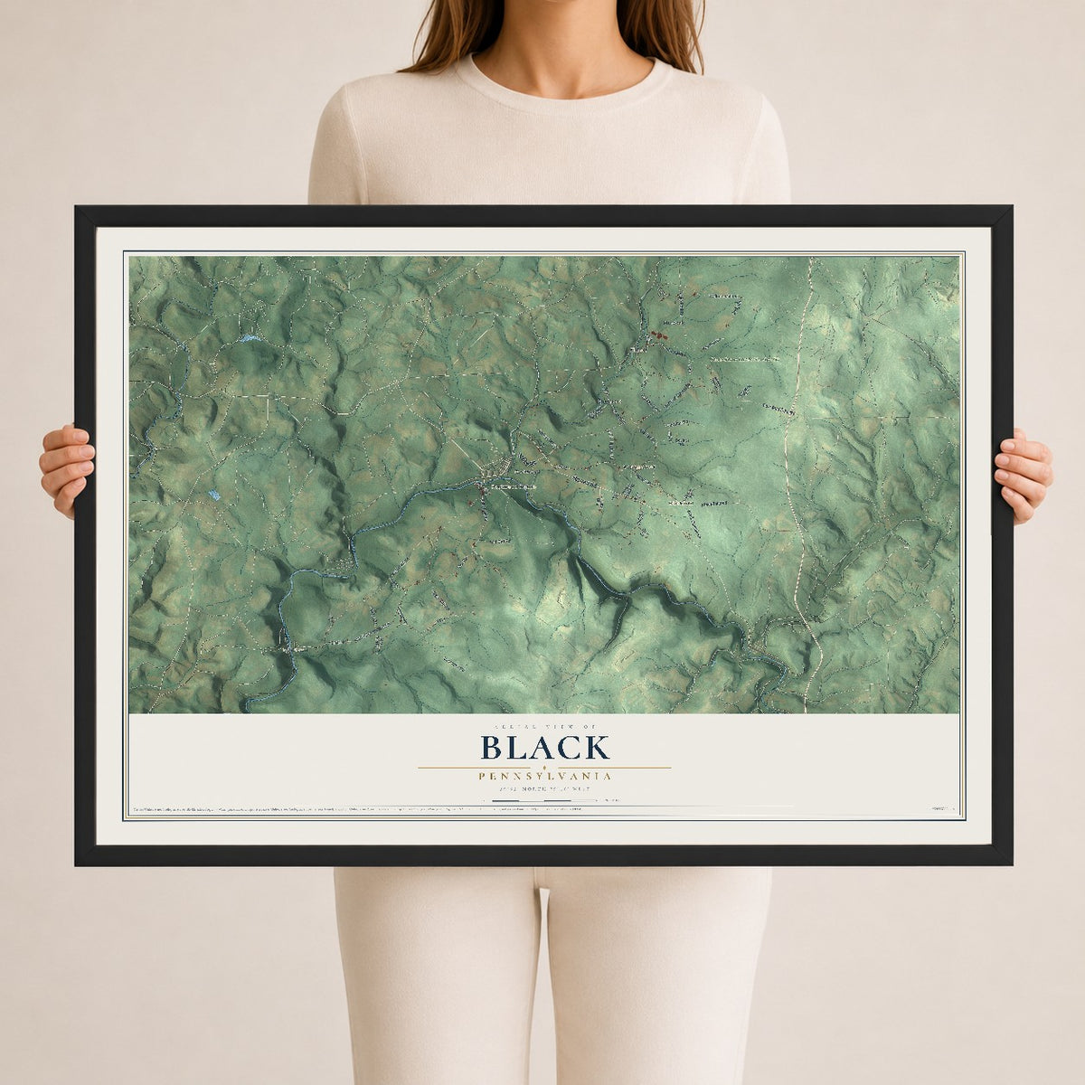 Map of Black, Pennsylvania, 24 x 36 inch print in a black wood frame