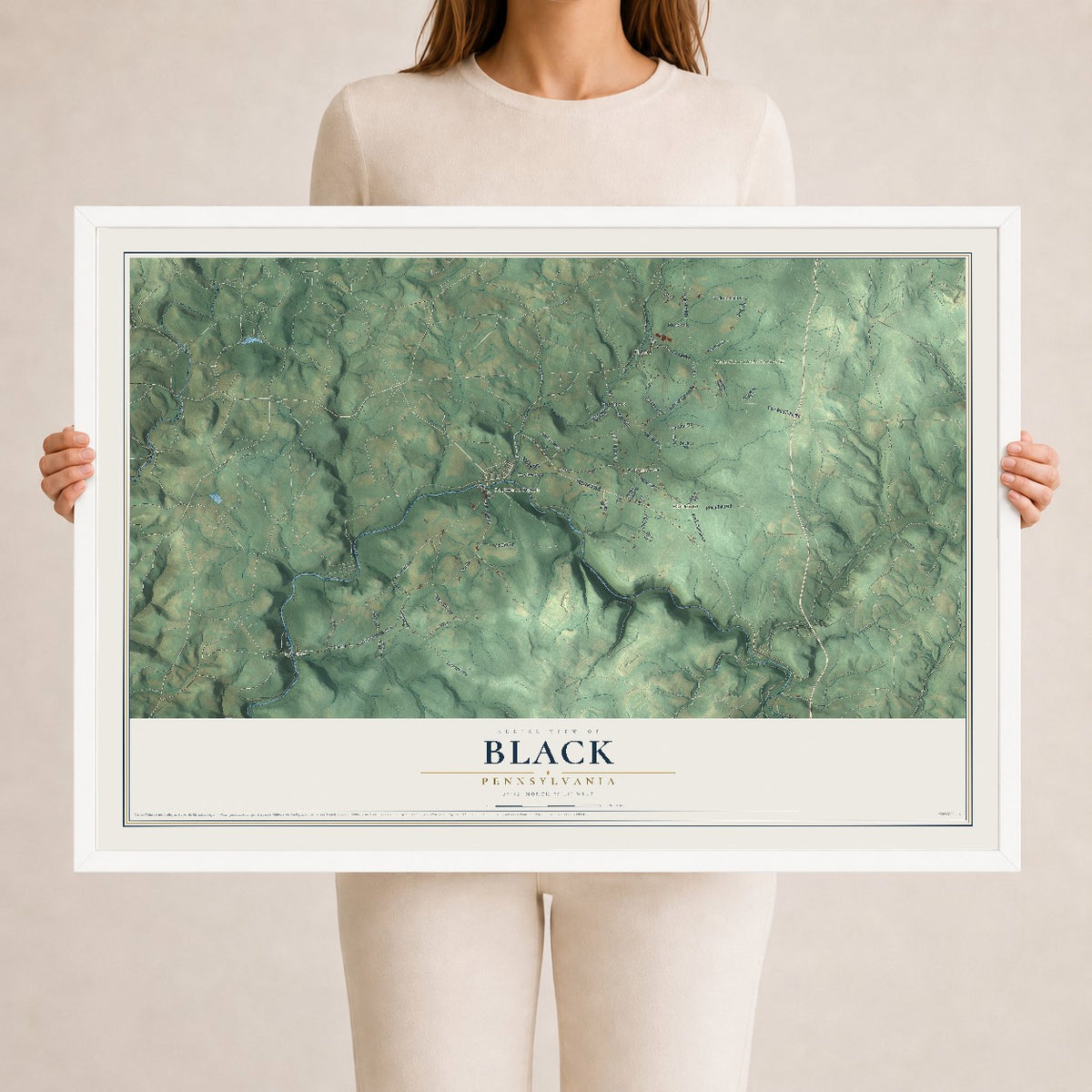 Map of Black, Pennsylvania, 24 x 36 inch print in a white wood frame