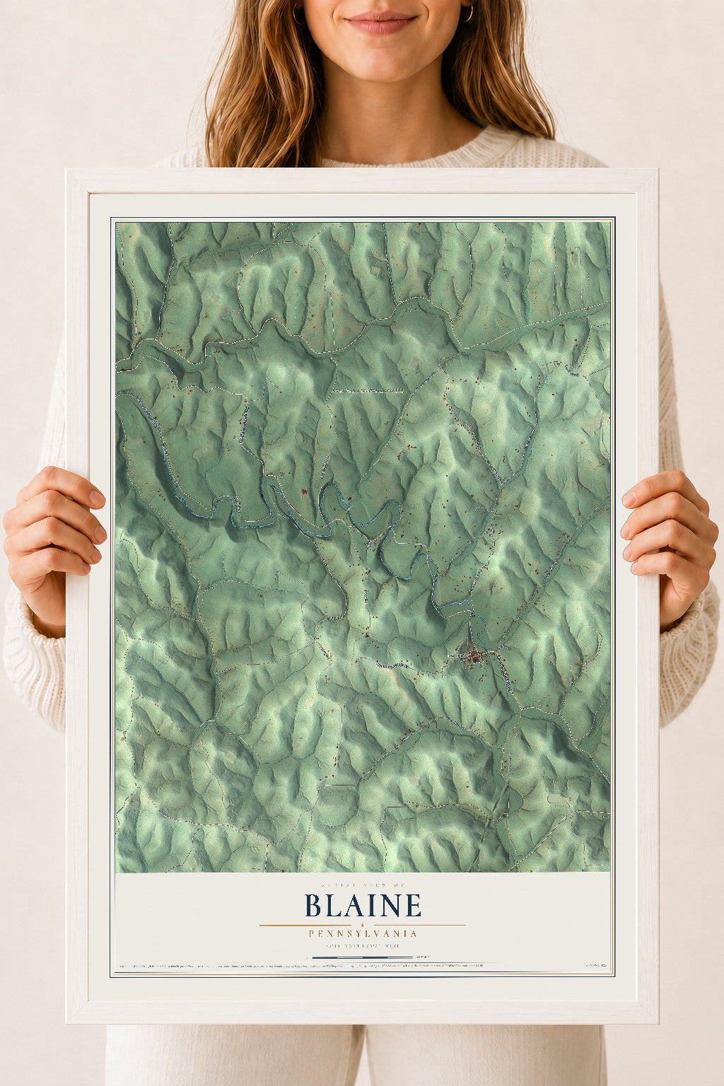 Map of Blaine, Pennsylvania, 18 x 24 inch print in a white wood frame