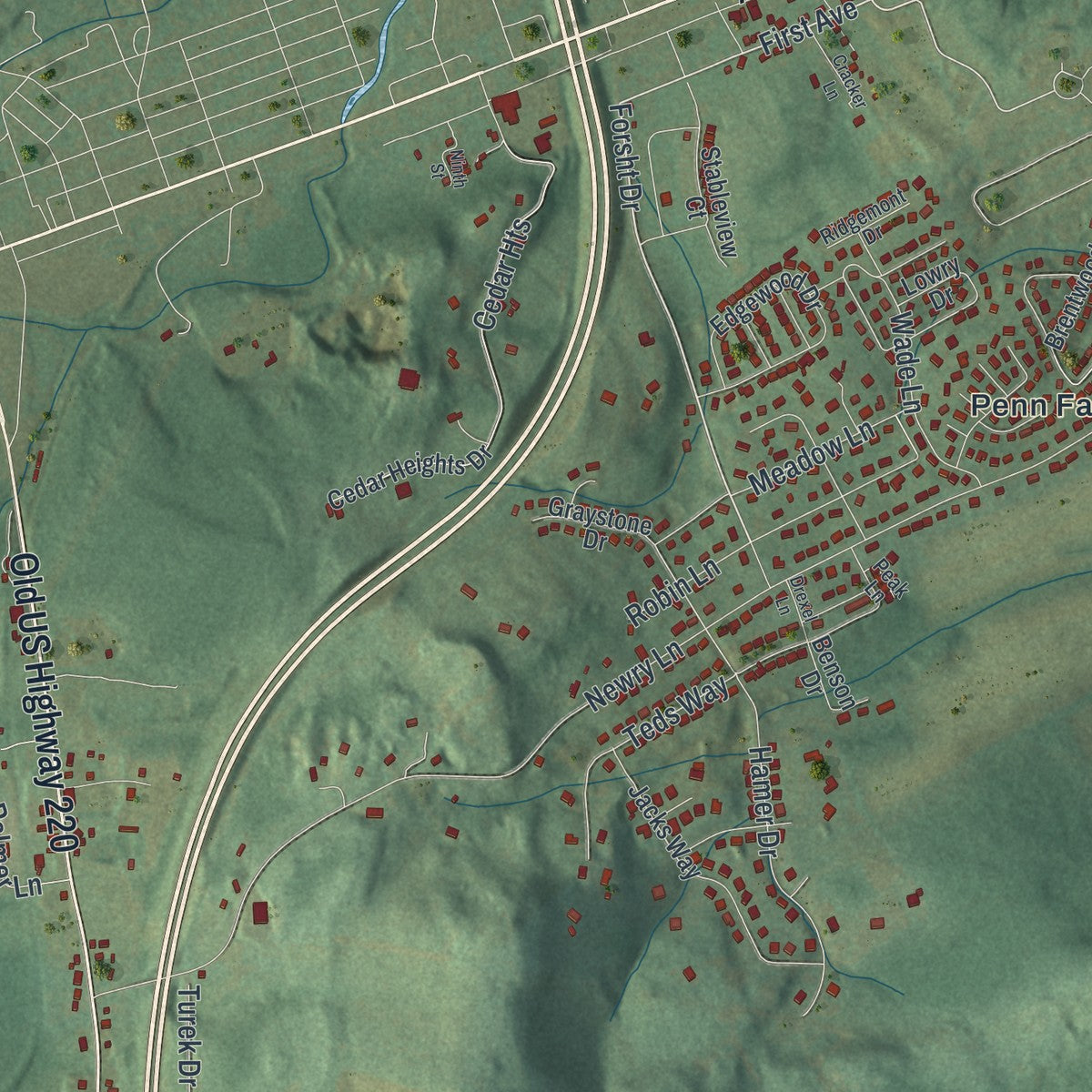 Close-up of the map of Blair, Pennsylvania print showing street and building detail
