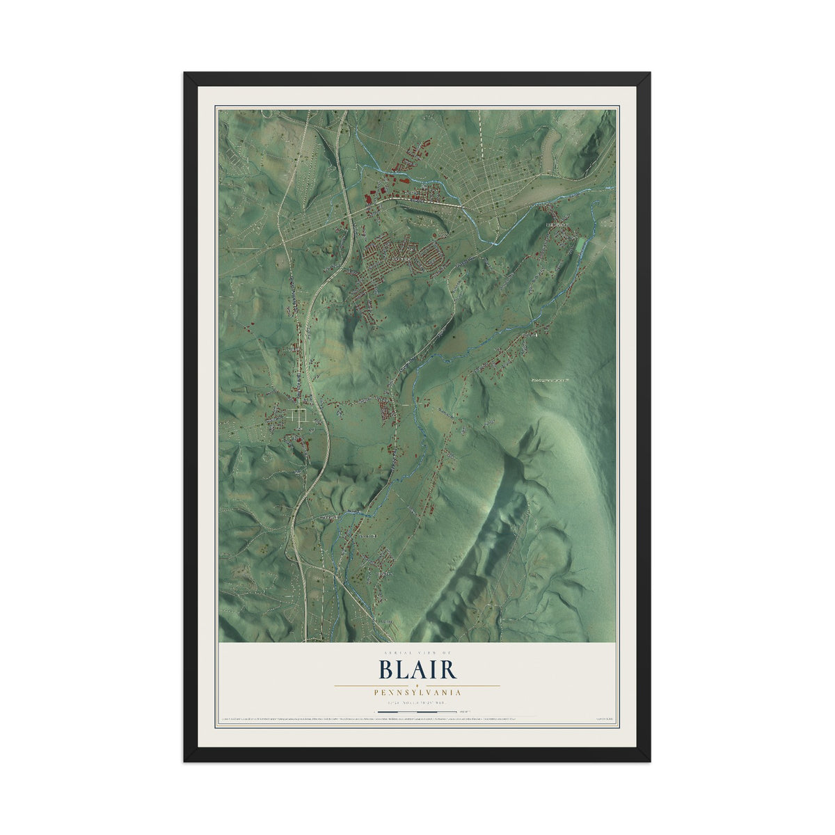 Map of Blair, Pennsylvania, 12 x 18 inch print in a black wood frame