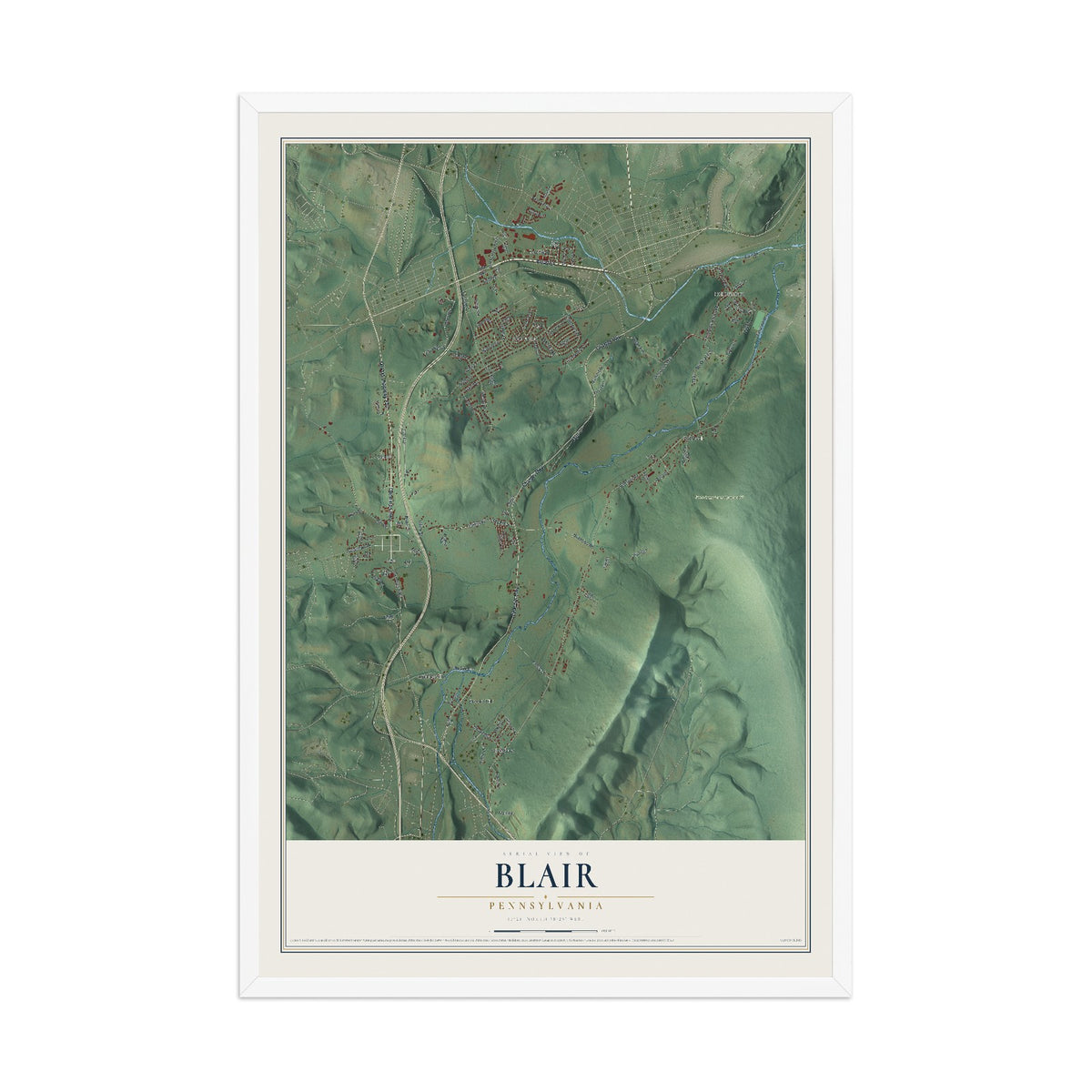 Map of Blair, Pennsylvania, 12 x 18 inch print in a white wood frame