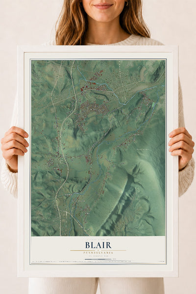 Map of Blair, Pennsylvania, 18 x 24 inch print in a white wood frame