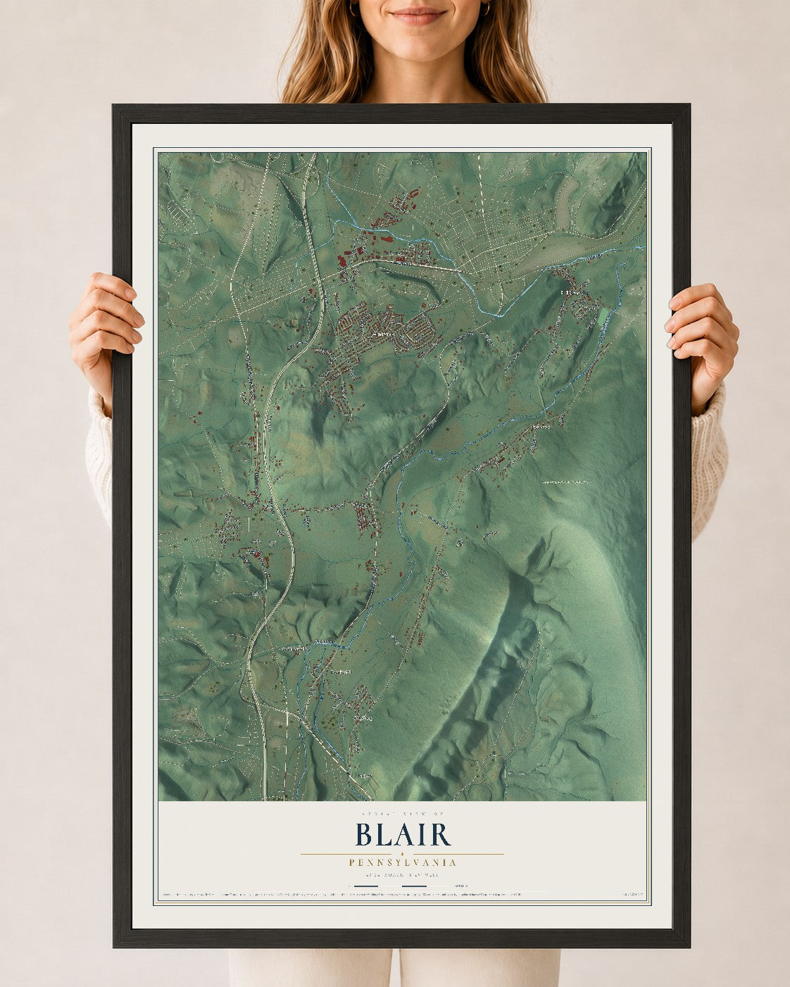 Map of Blair, Pennsylvania, 24 x 36 inch print in a black wood frame