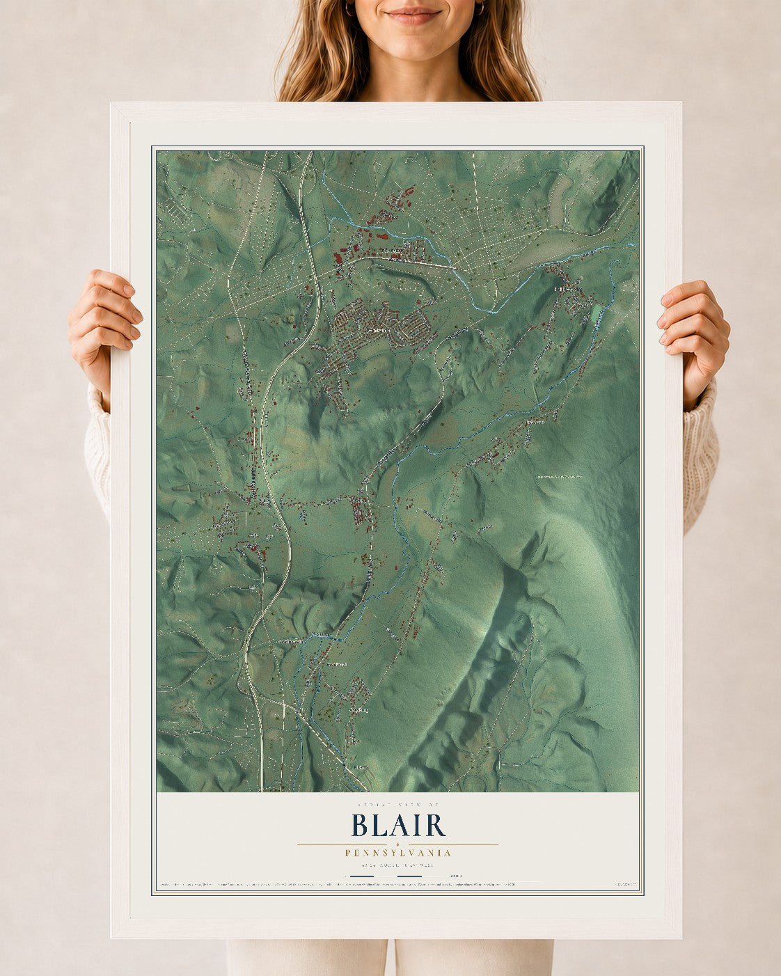 Map of Blair, Pennsylvania, 24 x 36 inch print in a white wood frame