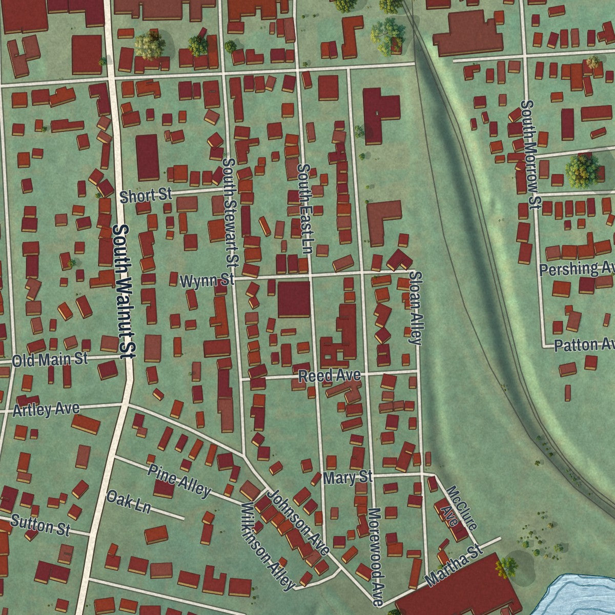 Second close-up of the map of Blairsville, Pennsylvania print showing more streets and buildings