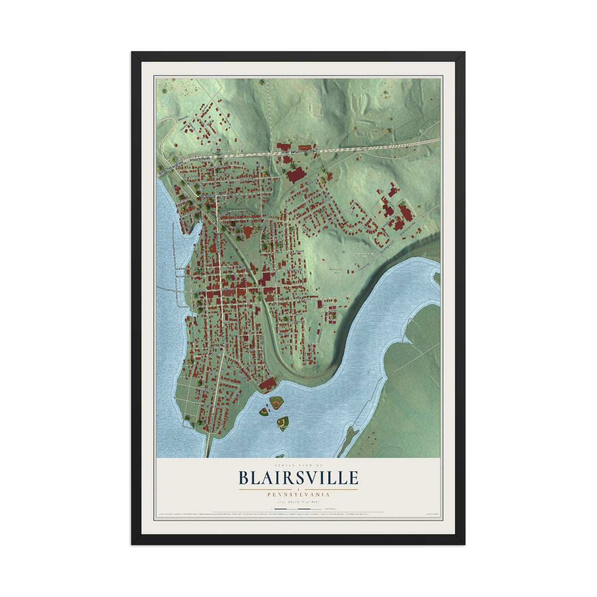 Map of Blairsville, Pennsylvania, 12 x 18 inch print in a black wood frame