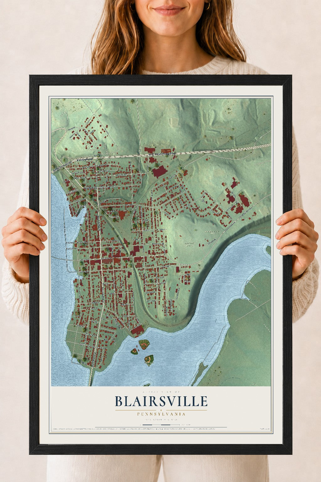 Map of Blairsville, Pennsylvania, 18 x 24 inch print in a black wood frame