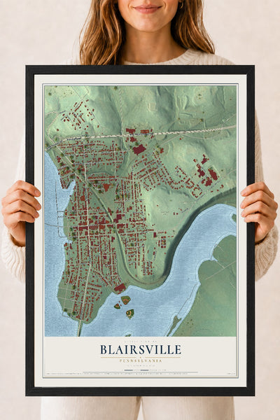 Map of Blairsville, Pennsylvania, 18 x 24 inch print in a black wood frame