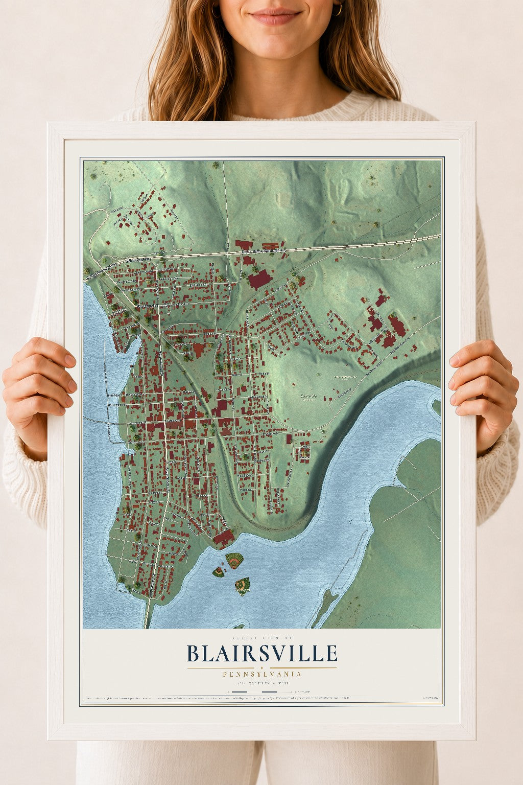 Map of Blairsville, Pennsylvania, 18 x 24 inch print in a white wood frame