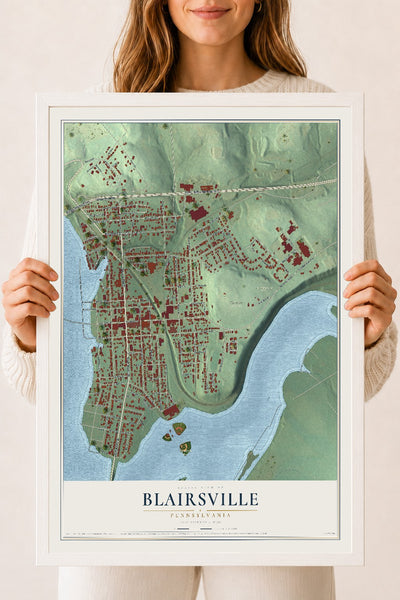 Map of Blairsville, Pennsylvania, 18 x 24 inch print in a white wood frame