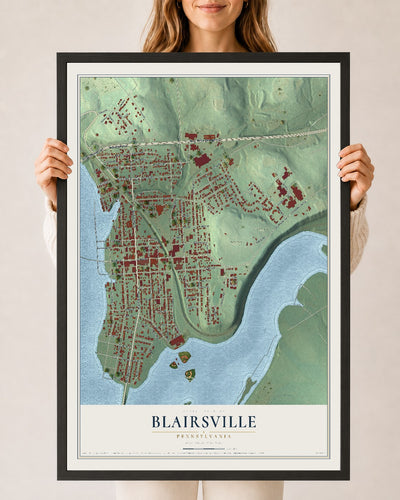 Map of Blairsville, Pennsylvania, 24 x 36 inch print in a black wood frame