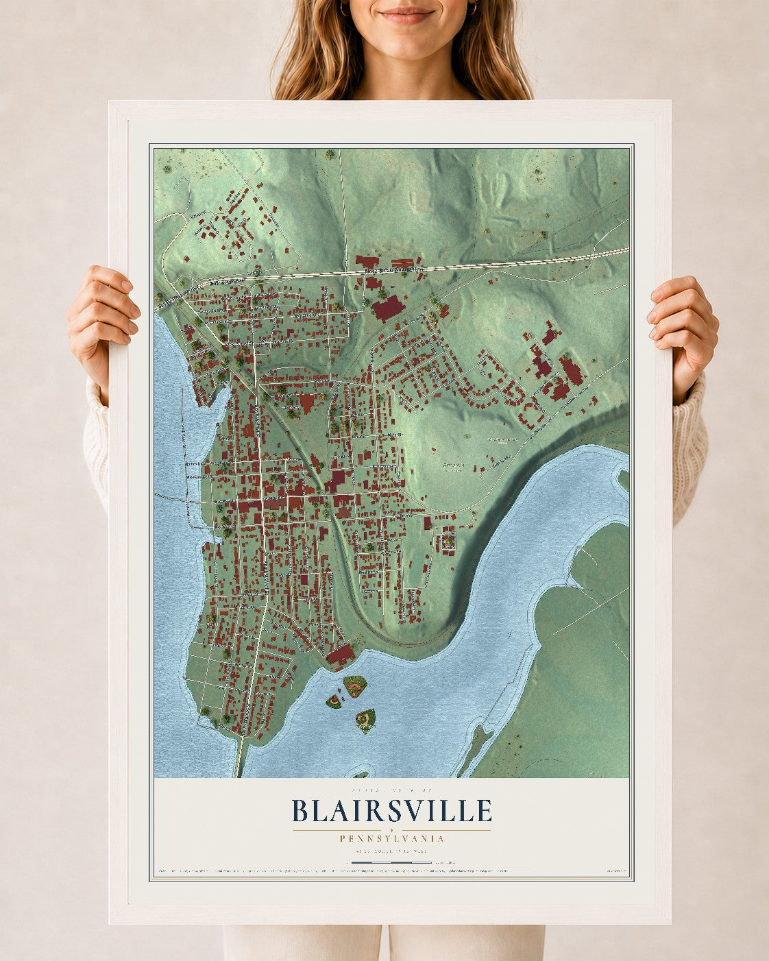 Map of Blairsville, Pennsylvania, 24 x 36 inch print in a white wood frame