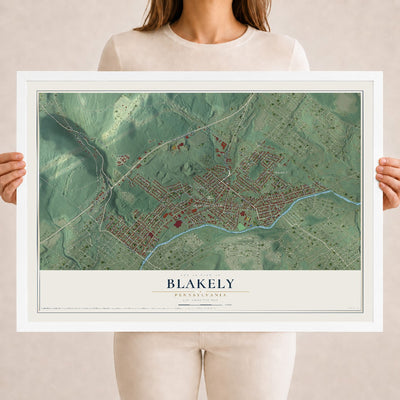 Map of Blakely, Pennsylvania, 18 x 24 inch print in a white wood frame
