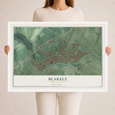 Map of Blakely, Pennsylvania, 24 x 36 inch print in a white wood frame