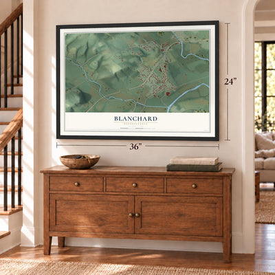 Blanchard, Pennsylvania map, 24 x 36 inch print in a black frame above a dresser by a staircase
