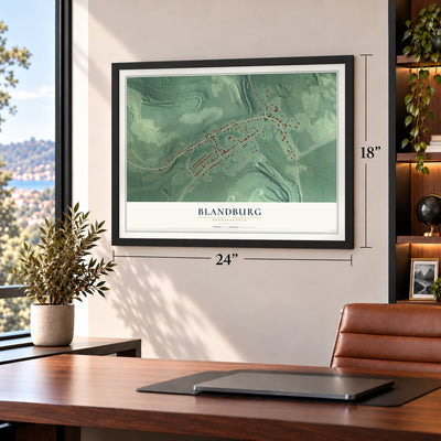 Blandburg, Pennsylvania map, 18 x 24 inch print in a black frame in a home office