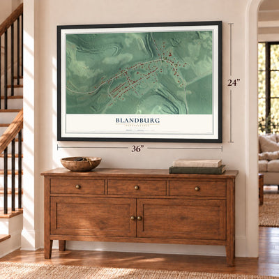Blandburg, Pennsylvania map, 24 x 36 inch print in a black frame above a dresser by a staircase