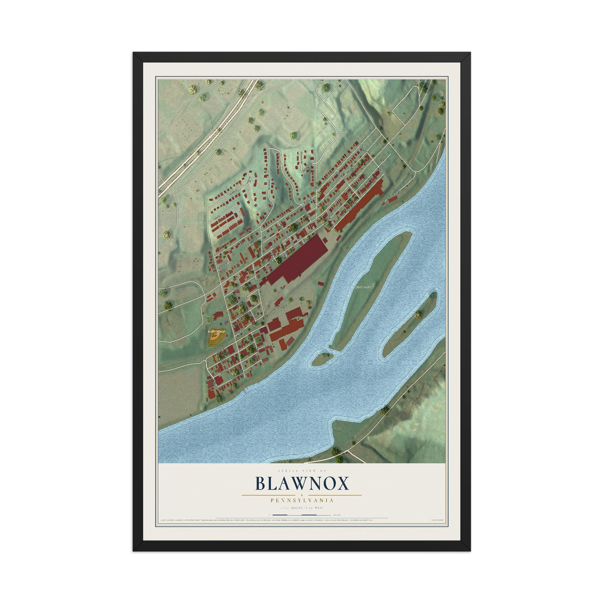 Map of Blawnox, Pennsylvania, 12 x 18 inch print in a black wood frame