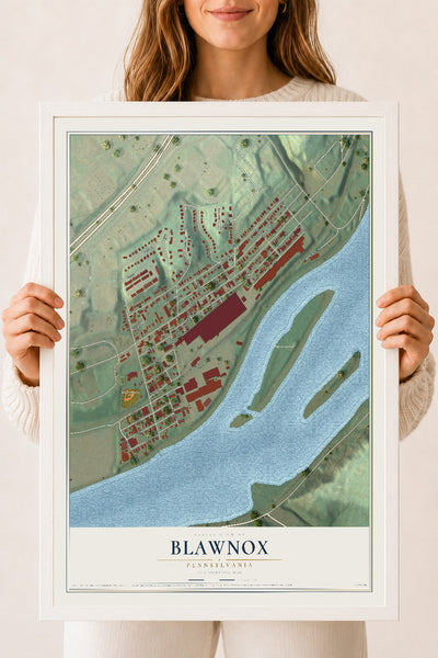 Map of Blawnox, Pennsylvania, 18 x 24 inch print in a white wood frame