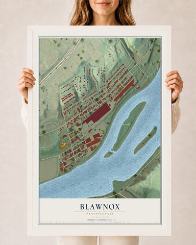 Map of Blawnox, Pennsylvania, 24 x 36 inch print in a white wood frame
