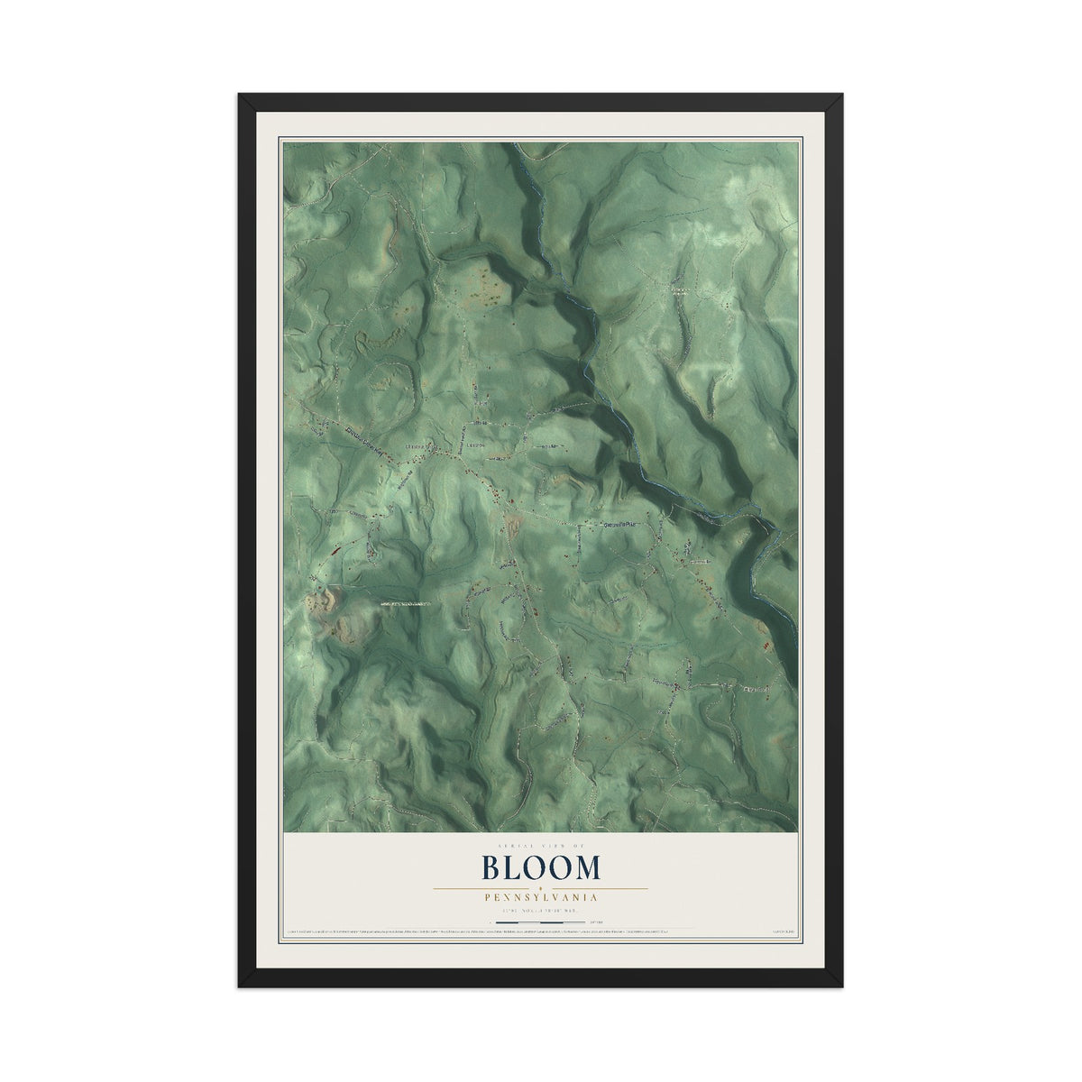 Map of Bloom, Pennsylvania, 12 x 18 inch print in a black wood frame