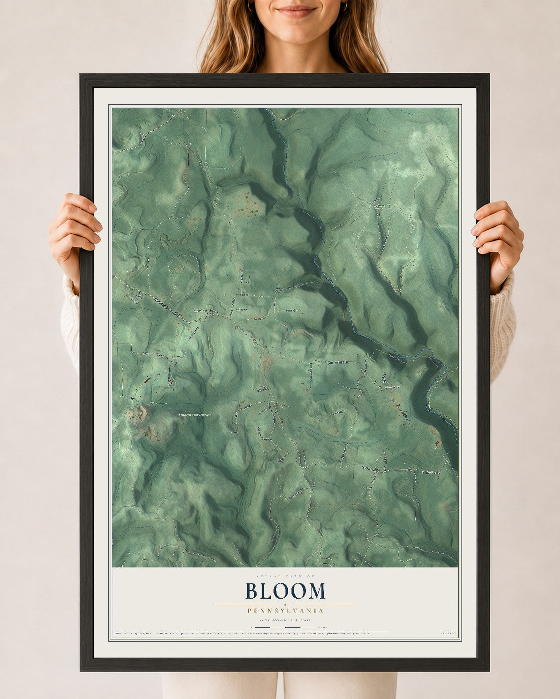 Map of Bloom, Pennsylvania, 24 x 36 inch print in a black wood frame