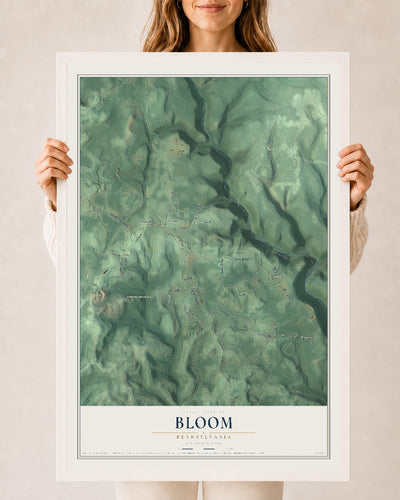 Map of Bloom, Pennsylvania, 24 x 36 inch print in a white wood frame