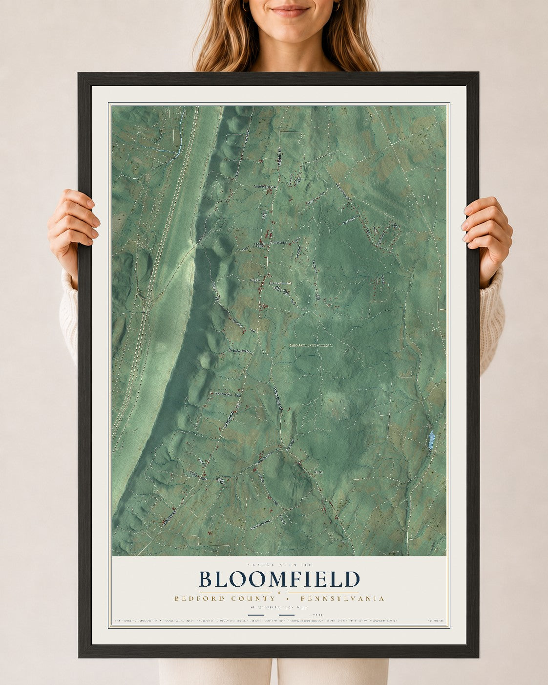 Map of Bloomfield, Bedford County, Pennsylvania, 24 x 36 inch print in a black wood frame