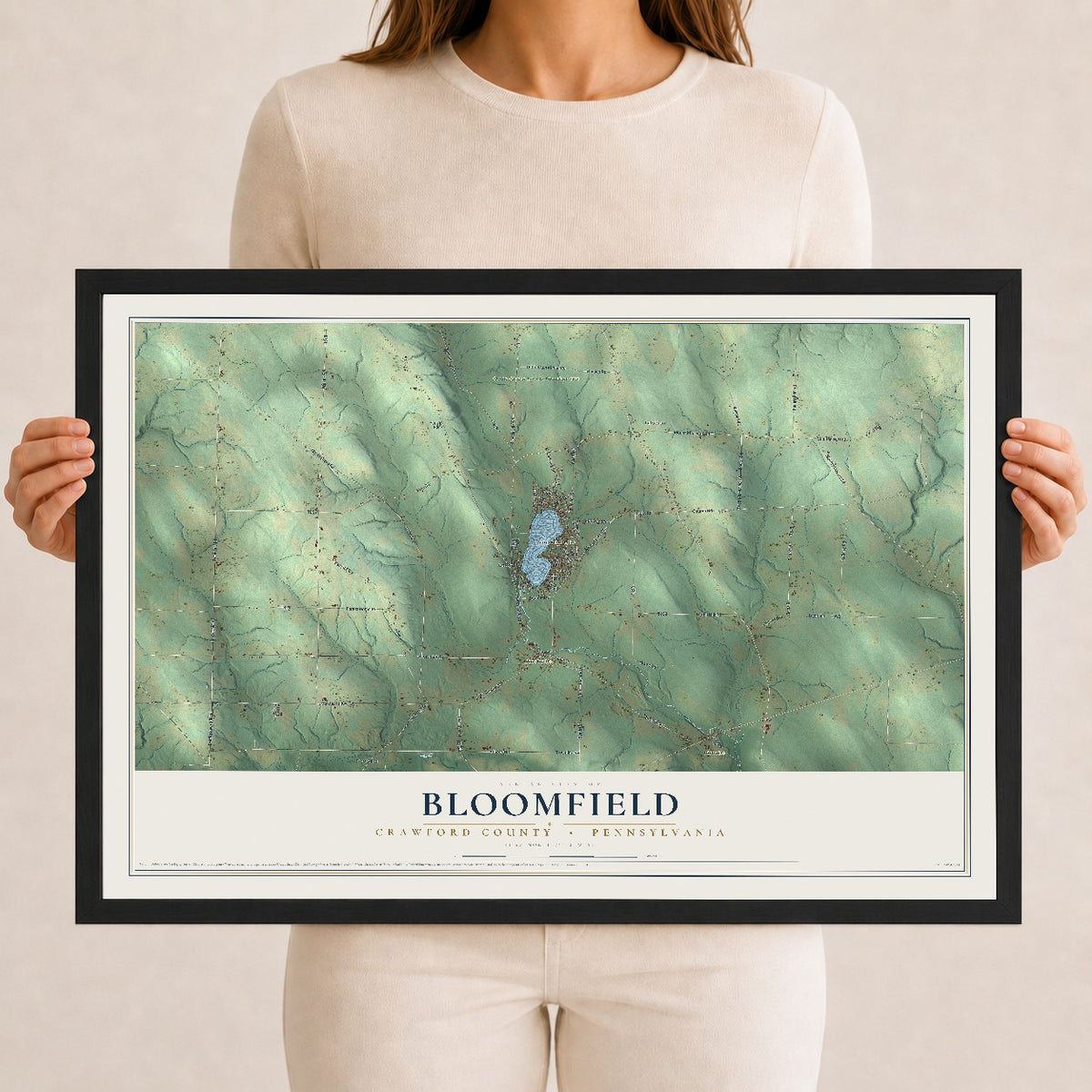 Map of Bloomfield, Crawford County, Pennsylvania, 12 x 18 inch print in a black wood frame