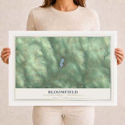 Map of Bloomfield, Crawford County, Pennsylvania, 12 x 18 inch print in a white wood frame