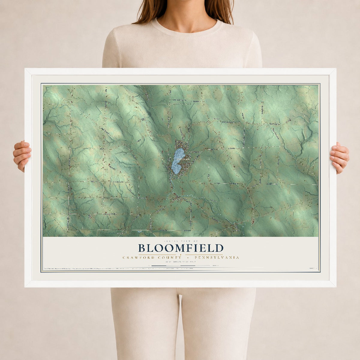 Map of Bloomfield, Crawford County, Pennsylvania, 24 x 36 inch print in a white wood frame