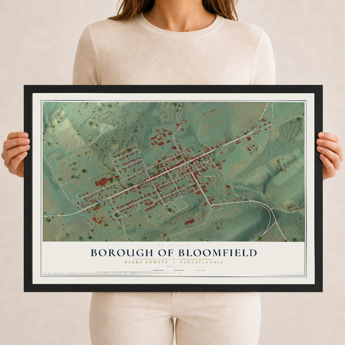 Map of the Borough of Bloomfield, Perry County, Pennsylvania, 12 x 18 inch print in a black wood frame