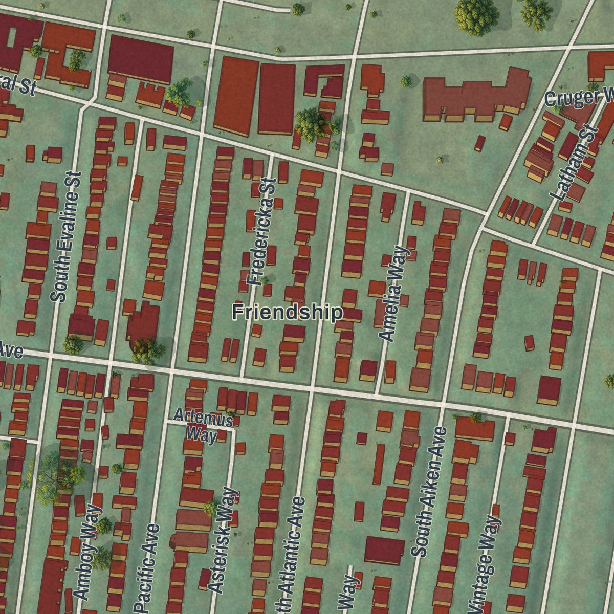 Second close-up of the map of Bloomfield, Pennsylvania print showing more streets and buildings