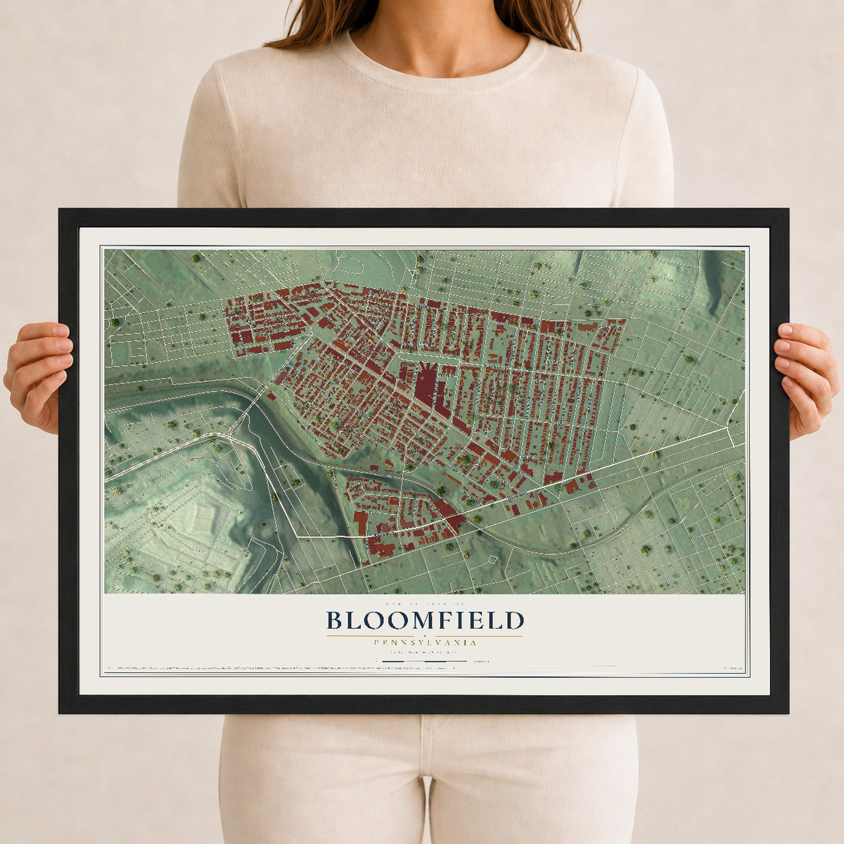 Map of Bloomfield, Pennsylvania, 12 x 18 inch print in a black wood frame