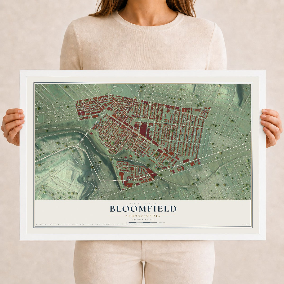 Map of Bloomfield, Pennsylvania, 12 x 18 inch print in a white wood frame