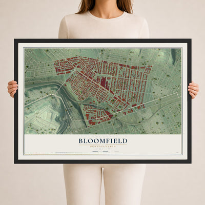 Map of Bloomfield, Pennsylvania, 24 x 36 inch print in a black wood frame